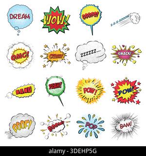 Vector Pop Art Comic Sprechblasen Set mit bunten Halbtonformen und Cartoon Soundeffekten für Poster, Social Media, Branding, Drucke und Stock Vektor