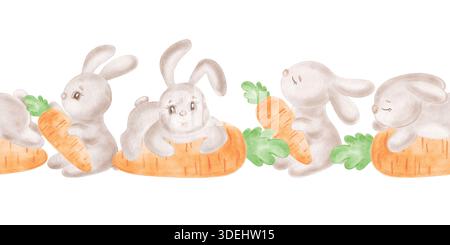 Niedliche Häschen mit nahtlosem Rand in Karotten-Aquarellen für Kinder. Rahmen mit Kopierraum für Kaninchen und Gemüse Illustration. Handgezeichnet isoliert Stockfoto