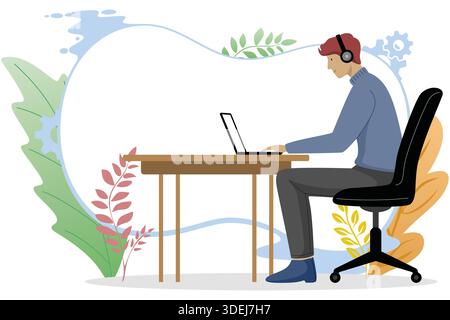 Cartoon-Mann mit Headset, der am Laptop arbeitet Stock Vektor