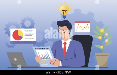 Geschäftsmann mit Glühbirne, der Daten mit Finanzdiagrammen analysiert Stock Vektor