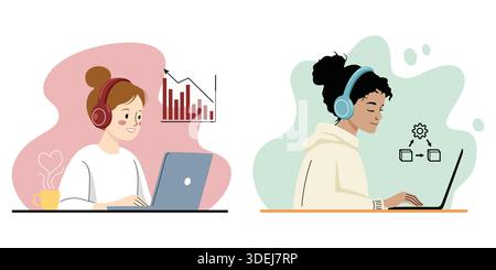 Zwei Frauen, die online mit Laptops und Charts arbeiten Stock Vektor