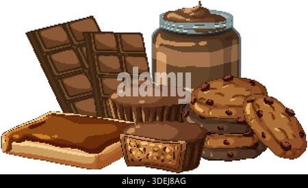 Schokoladensnacks wie Kekse, Bars und Aufstrich in einem klaren Vektor-Cartoon-Stil dargestellt Stock Vektor