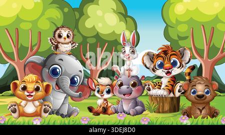 Bunte Vektor-Illustration von Babytieren mit großen Augen in einer hellen Cartoon Wald Umgebung Stock Vektor