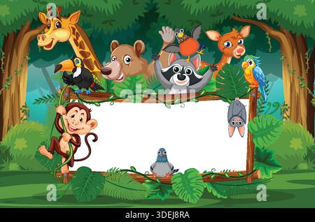 Cartoon Dschungeltiere mit leerem Zeichen, lebhaften Farben, üppigem Waldhintergrund, verspielte Vektorillustration Stock Vektor