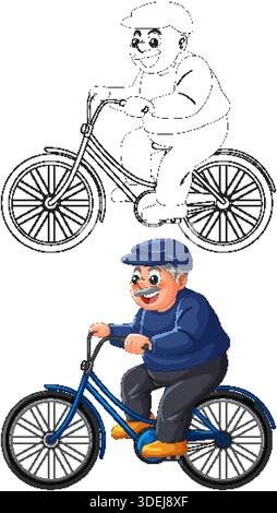 Zeichentrickfilm älterer Mann, der blaues Fahrrad fährt, farbige und umrissene Versionen, fröhlicher Ausdruck, weißer Hintergrund Stock Vektor