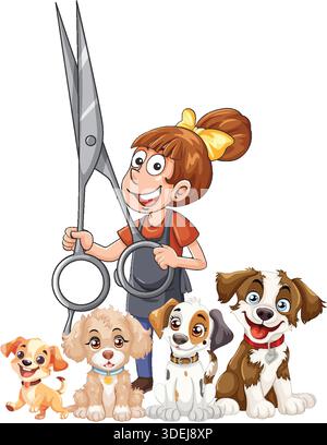 Lächelnder weiblicher Groomer mit Riesenschere und vier Cartoon-Welpen, bunter Vektor-Illustrationsstil Stock Vektor