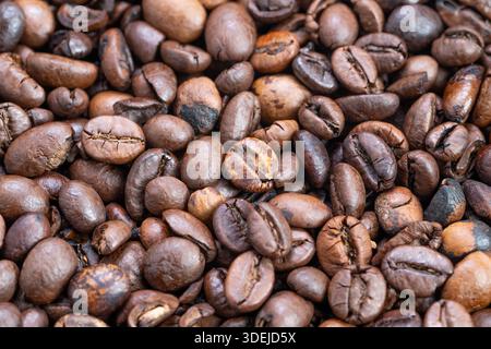 Makrogeröstete Kaffeebohnen auf Förderband in einer belebten Rösterei, braune Bohnen in der Nähe von Maschinen, Chargenverarbeitung und Lagerstimmung mit industrieller Beleuchtung. Stockfoto