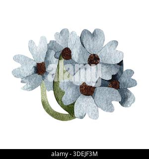 Ein Blumenstrauß mit Blättern, in Aquarell. Abstrakte Illustration von Wildblumen in Blautönen. Handgezeichnete botanische Illustration. Clip Stockfoto