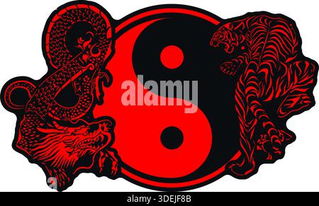 Komplexe rote und schwarze Vektor-Illustration mit einem Yin Yang-Symbol, flankiert von einem chinesischen Drachen auf der linken Seite und einem Tiger auf der rechten Seite Stock Vektor