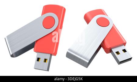 Tragbarer blauer USB-Stick auf weißem Hintergrund isoliert. 3D-Rendering von Zubehör für den Heimarbeitsplatz im Studio Stockfoto