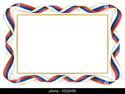 Rahmen mit bändern in serbischen Flaggenfarben und goldenem Rand. Dekorative, verdrehte Bänder umgeben die leere Mitte, perfekt für Zertifikate, Einladungen oder aw Stock Vektor