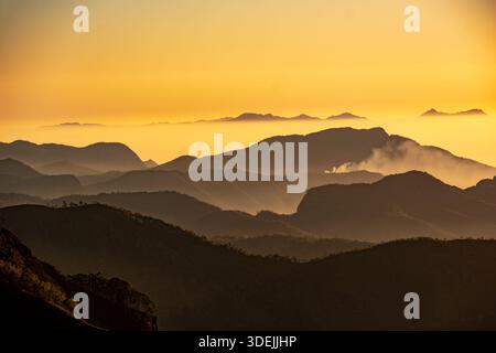 Goldener Sonnenaufgang über mehrschichtigen Bergketten mit nebeligen Tälern, die eine dramatische und ruhige Naturlandschaft schaffen. Gefangen in Kodaikanal, Indien. Stockfoto