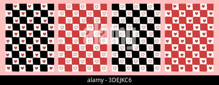 Karierte Hintergründe mit Gingham-Herz im Retro-Stil. Set mit Karomuster und handgezeichneten Herzen für Valentinskarten, Scrapbooking und niedlich Stock Vektor