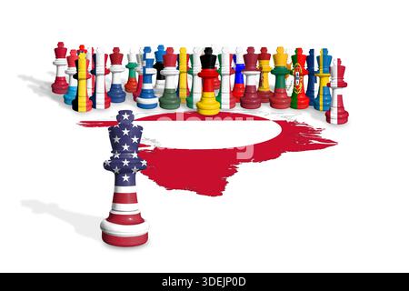 Schach aus EU- und USA-Flaggen auf einer Grönlandkarte Stockfoto