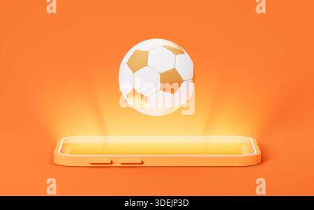 Ein Fußball über dem Smartphone. Der Smartphone-Bildschirm leuchtete vor goldenem Licht. 3D-Rendering. 3D-Abbildung. Stockfoto