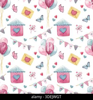 Herzhaus und Ballons nahtloses Muster Stockfoto