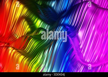 Abstrakter digitaler Hintergrund mit fließenden Wellen und leuchtenden Regenbogenfarben. Keine Personen anwesend. Modernes Design, das Kreativität, Energie und M vermittelt Stockfoto