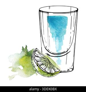 Elektrisches blaues, türkisfarbenes Kamikaze-Shot-Glas in kristallklarer Aquarelldurchlässigkeit, Limettenkeil-Akzent. Isolierte handgezeichnete Tinte und Aquarellillustration Stockfoto