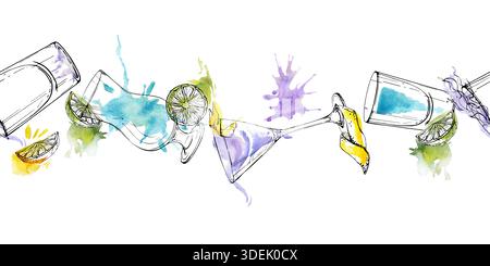 Kamikaze-Schüsse, lila Limonade-Getränke, flammender klarer Alkohol. Gin, Martini-Glas, Sambuca oder Wodka. Leichte Zitrusakzente. Kühle Aquarelle nahtlos Stockfoto