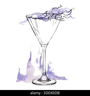 Flammendes klares Likör-Martiniglas in gemischter Aquarellfarbe und Tinte, lebendiger Lavendelalkohol-Flammeneffekt. Isolierte handgezeichnete Abbildung. Perfekt für Stockfoto