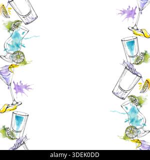 Blaues Hawaii Hurrikanglas, Aviation Violet und Martini Cocktail, Zitrusschüsse. Helles Aquarell und Tinte nahtlose Doppelrand von Cyan Cocktails und Stockfoto