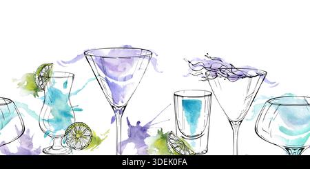 Lavendel Aviation, elektrische Limonade, tropische Blue Hawaii Drinks, klares flammendes Wodka, Martini-Spirituosen. Nahtlose Tinte und Aquarellrand von Hand gezeichnet Stockfoto