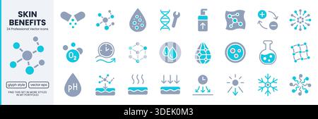 Symbolsatz für Hautpflege-Glyphen. DNA Reparatur, Liposom, Peptid feuchtigkeitsspendende Creme Flasche, Kryo Technologie Vektor Illustration. Duplex-flaches Piktogramm für Stock Vektor