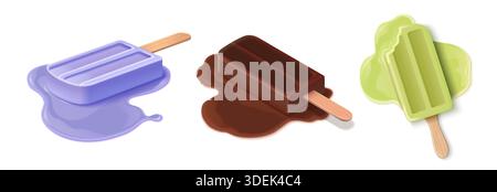 Schmelzendes Eis mit Schokolade, Pistazien oder fruchtigem Geschmack auf weiß. Realistische 3D-Illustration von Holzstab und tropfender Pfütze. Sommerdessert mit gefrorenem Leckerli, Flüssigspritzer Stock Vektor