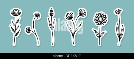 Minimalistisches botanisches Stickerpaket mit handgezeichneter Wildblumenlinie und weißem Rand auf blauem Hintergrund. Stock Vektor