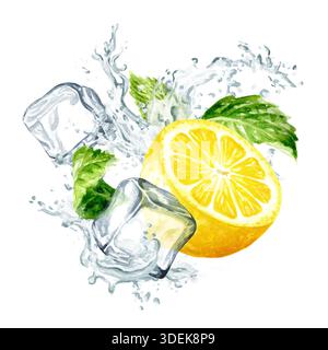 Frische Zitrusfrucht, Minzblätter, Eiswürfel und Spritzer kristallklares Wasser. Handgemalte Aquarellillustration, isoliert auf weißem Hintergrund Stockfoto