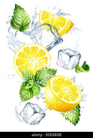 Eiswürfel mit Zitrone, Minzblättern und einem Spritzer Kristallwasser. Handgezeichnete Aquarellillustration isoliert auf weißem Hintergrund Stockfoto