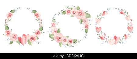 Valentinstag oder Hochzeitskränze mit Herzen, rosa Rosen und Zweigen. Kreisrahmen, Rahmen. Aquarellmalerei isoliert auf einem weiß Stockfoto