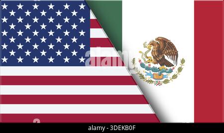 Die Flaggen der USA und Mexikos. Zwei Flaggen zusammen USA und Mexiko. Beziehungen zwischen den Vereinigten Staaten und Mexiko. Sportwettbewerbe zwischen Ländern. 3D-Il Stockfoto