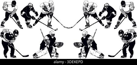 Eine Auswahl von Schwarz-weiß-Bildern von Spielern der Hockeymannschaft in Uniform und Sonderschutz Stockfoto