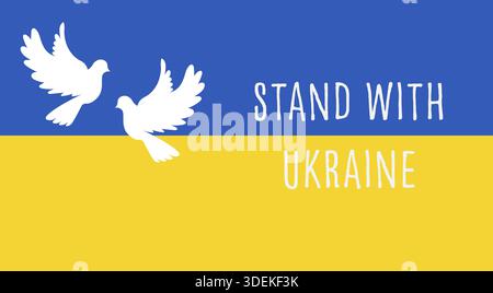 Text auf ukrainischem Flaggenstand mit der Ukraine. Logosymbol fliegende Friedenstaube. Weiße Tauben auf ukrainischer Flagge. Militärische Konflikte in der Ukraine und Russland. Illustrat Stockfoto