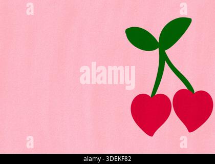 Süßer Valentinstag Hintergrund mit zwei roten Kirschen in Herzform. Postkarten- und Banner-Website für Valentinstag, Hochzeit und romantische Details Stockfoto