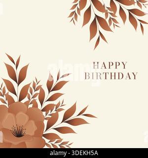 Happy Birthday-Grußkarte mit Terrakotta-Blumenelementen und braunen Blättern auf beigem Hintergrund. Stock Vektor