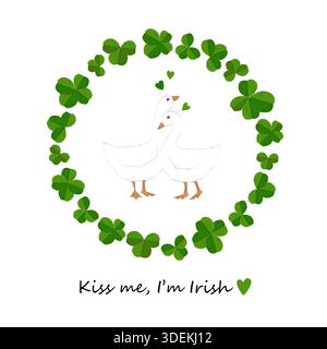 Gänsepaar in Kleeblatt Blätter Kranz. Niedliche umarmende Vögel in Schamrock Laub Rahmen isolierte Vektor-Illustration. Design-Element für St. Patrick Day Stock Vektor