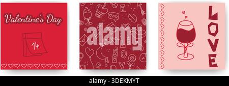 Romantische Karten zum Valentinstag. Satz quadratischer Vorlagen mit Glückwunschtext und Liebesabbildungen. Beiträge in sozialen Medien, Postkarten, Broschüren Stock Vektor