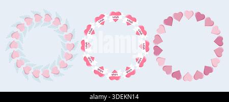 Set aus drei kreisförmigen Herzkränzen geflügelte Herzen, Herzen mit LIEBESBANNER und rosa-violette Herzen mit Farbverlauf. Perfekt für Valentinstag, romantisches DE Stockfoto