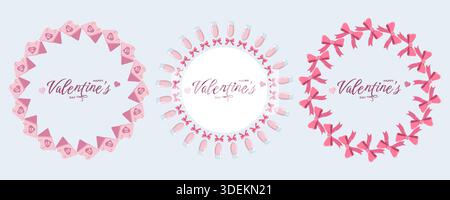 Set aus drei runden Valentinstag-Kränzen Liebesbriefe, Sektgläser mit Schleifen und rosa Schleifen. Jeder Text enthält Happy Valentine's Day (Happy Valentine Day) in Th Stockfoto