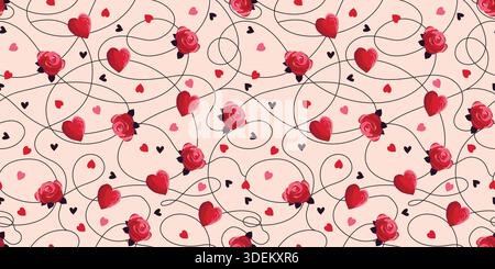 Love Pattern with Nubes and Roses. Handgezeichnetes Herzdesign. Happy Valentines Day Hintergrund perfekt für Einladungen, Karten, Druck, Kleidung, Poster Stock Vektor