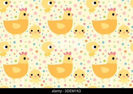 Nettes nahtloses Vektor-Muster mit Hühnern und Hühnern auf gelbem Hintergrund mit Polka Dots für Osterdesigns Stock Vektor