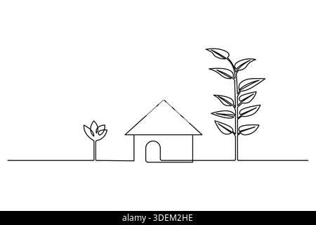 Haus kontinuierliche Linienzeichnung mit Bäumen und Pflanzen für ein umweltfreundliches Wohn- und Gartenkonzept Stock Vektor