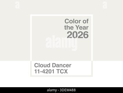 Antalya, Türkei - 5. Januar 2026: 2026 Color of the Year, Pantone 11-4201 Cloud Dancer Trend Farbpalette Beispielsmuster Buch Guide Stock Vektor