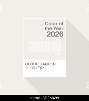 Antalya, Türkei - 5. Januar 2026: 2026 Color of the Year, Pantone 11-4201 Cloud Dancer Trend Farbpalette Beispielsmuster Buch Guide Stock Vektor