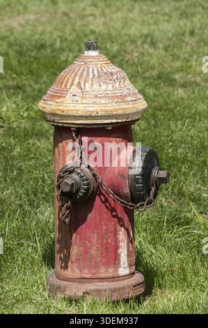 Klassischer alter, rot verwitterter Feuerhydrant auf dem Rasen Stockfoto