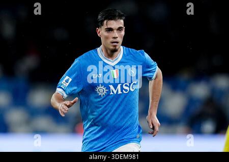 Neapel, Italien. Januar 2026. Miguel Gutierrez von SSC Napoli während des Serie A Enilive Spiels zwischen SSC Napoli und Hellas Verona FC im Stadio Diego Armando Maradona am 7. Januar 2026 in Neapel Credit: Giuseppe Maffia/Alamy Live News Stockfoto
