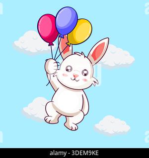 Nettes Kaninchen, das mit bunten Ballons in einem blauen Himmel Vektor Illustration Cartoon Design fliegt Stock Vektor