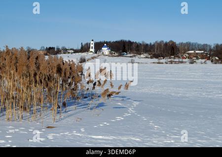 Ländliche Winterlandschaft mit gefrorenem Fluss und trockenem Schilf am Ufer, sonniger Tag Stockfoto